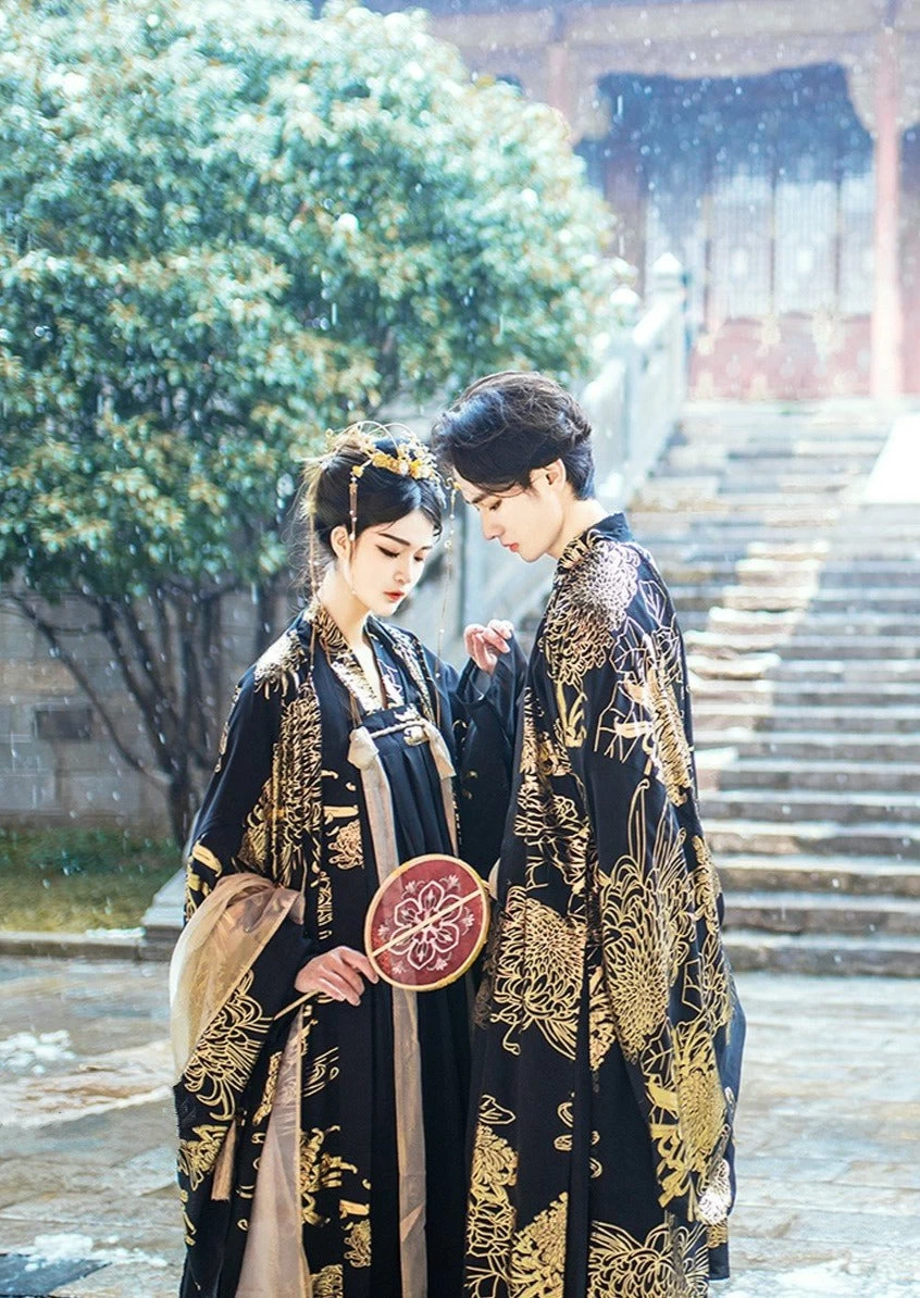 Men Modern Hanfu Couple Set Black Gold Daisy  Daily Wear | HANFUBAO