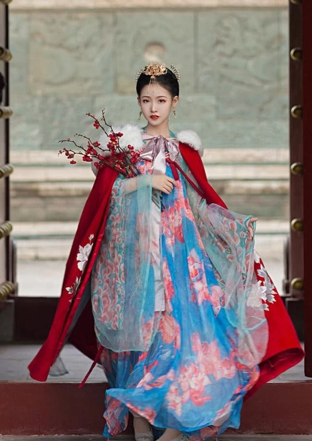 Women Modern Hanfu  Hooded Cape Red Peony Embroidery | HANFUBAO