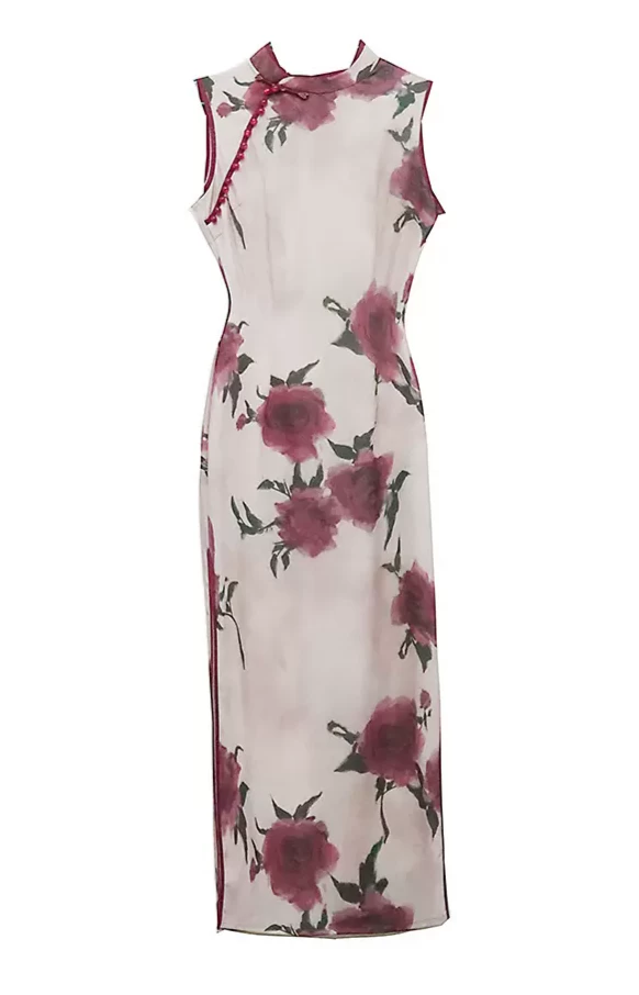 Women’s Modern Hanfu Qipao Dress for Daily Wear Acetate Satin Rose Print| HANFUBAO