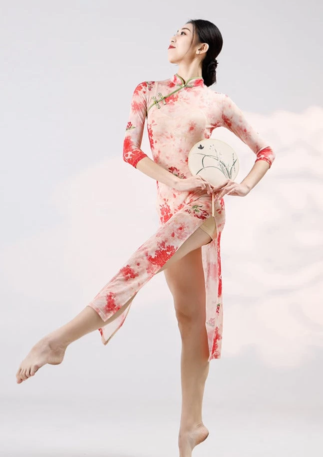 Women Modern Hanfu Stretch Dance Dress Set Rose Deer Print| HANFUBAO