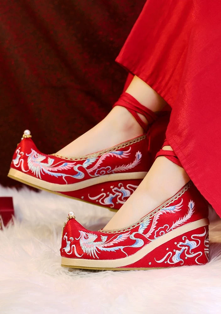Bridal Embroidered Wedding Shoes Red Floral Butterfly Linen Pearls | HANFUBAO