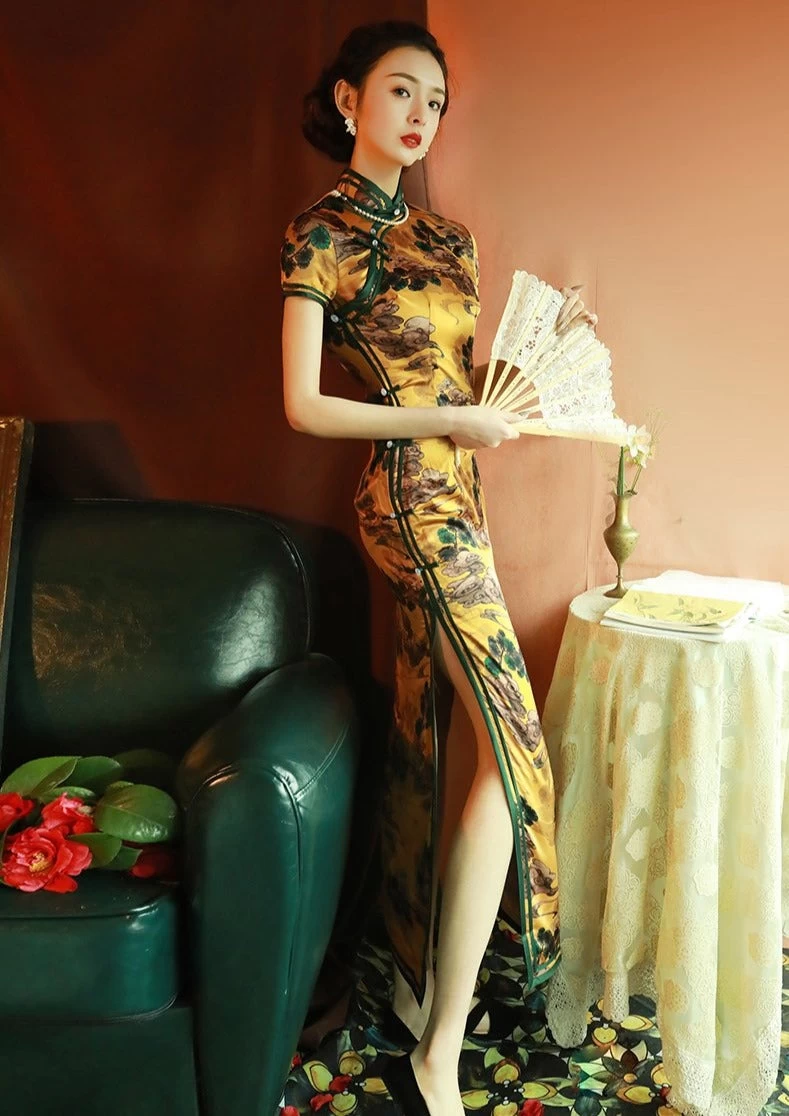 Women Cloud Satin Qipao Cheongsam Gold Cloud Print Daily Wear| HANFUBAO