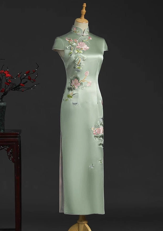 Women Silk Green Lotus Custom Made Qipao Cheongsam for Formal Events | HANFUBAO