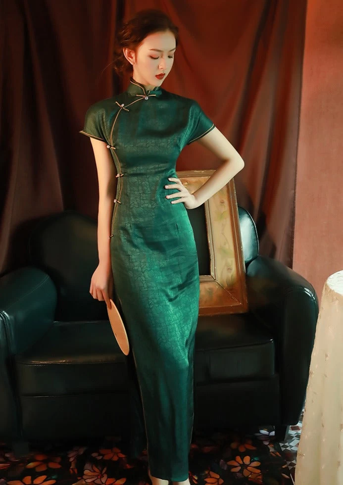 Women Daily Hanfu Jasper Green Qipao Dress High Slit Gambiered Gauze| HANFUBAO