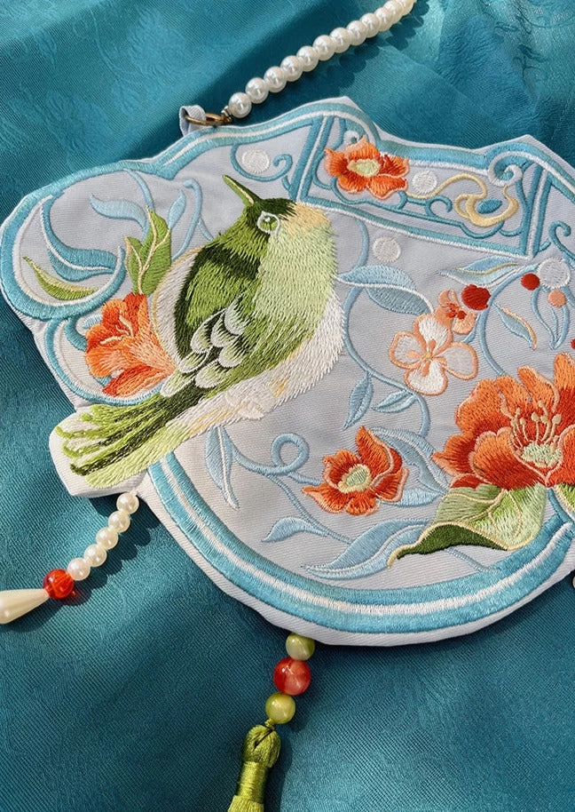 Unisex Hanfu Style Embroidered Bird Blue  Crossbody Bag 17x25cm | HANFUBAO