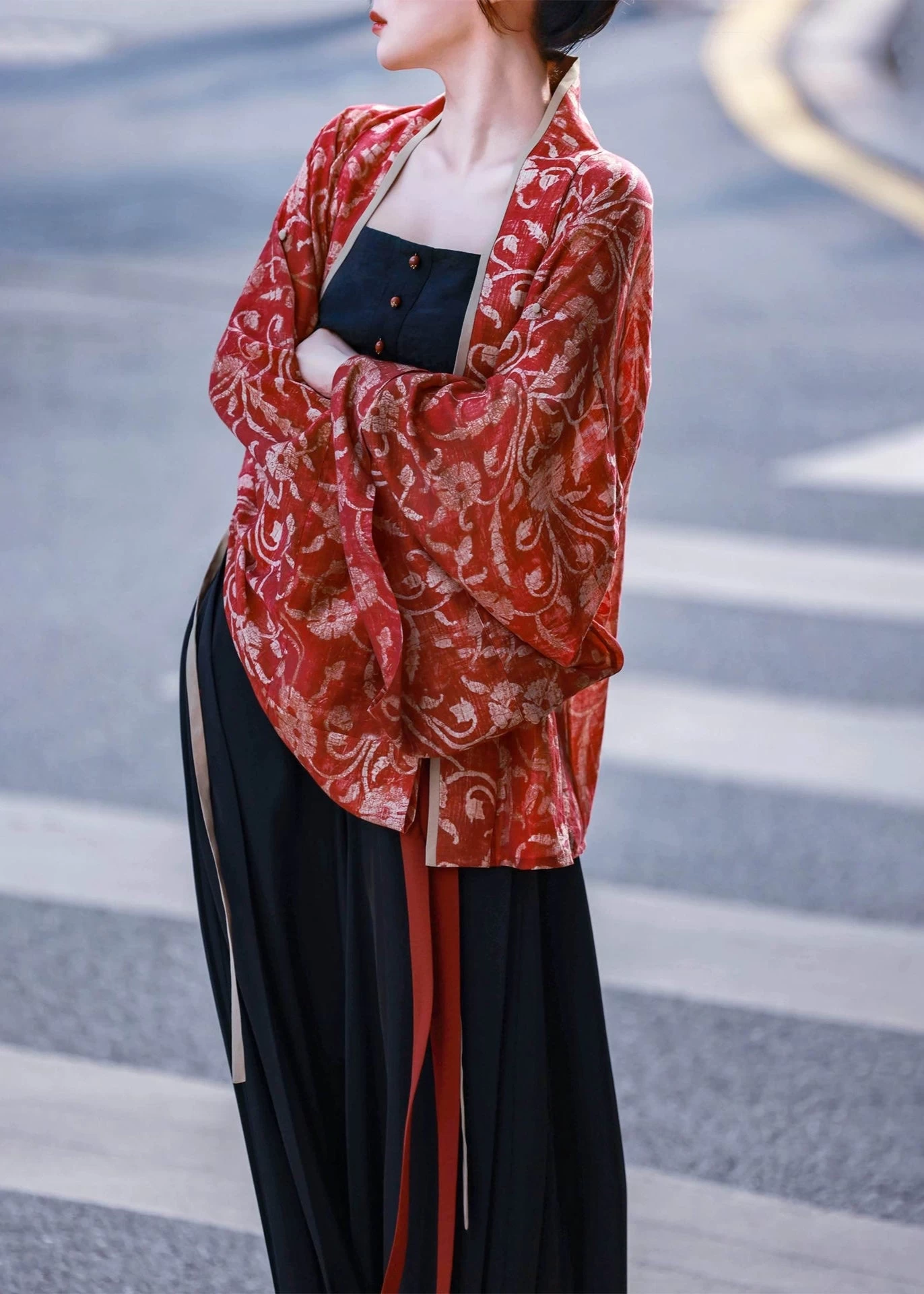 Women Tencel Linen Modern Hanfu 4-Piece Pants Set Vermilion | HANFUBAO