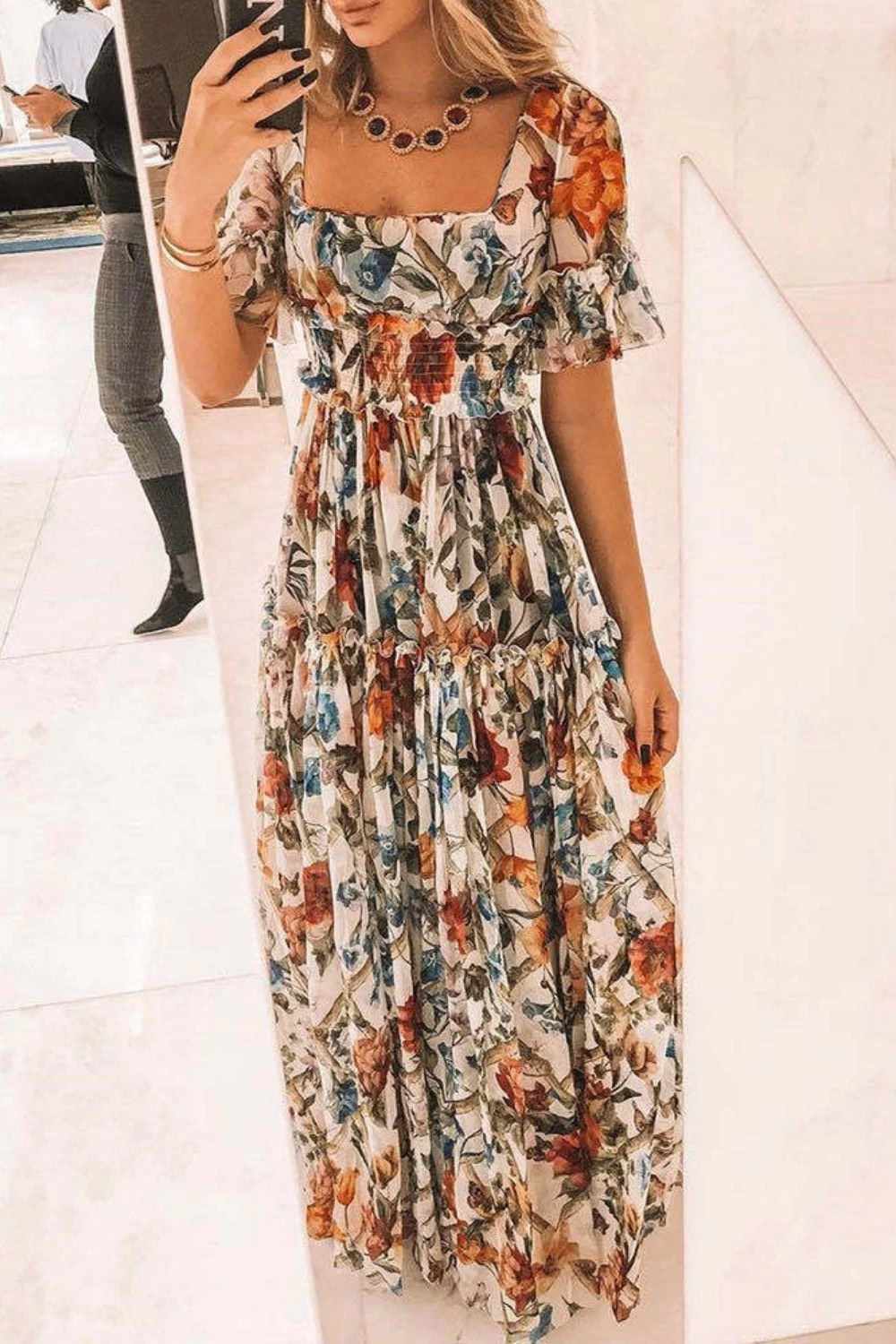 Sexy Short Sleeves Floral Print Off Shoulder  Wedding Guest Dresses