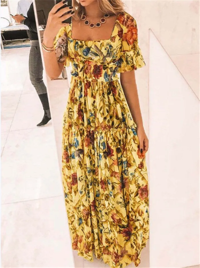 Sexy Short Sleeves Floral Print Off Shoulder  Wedding Guest Dresses