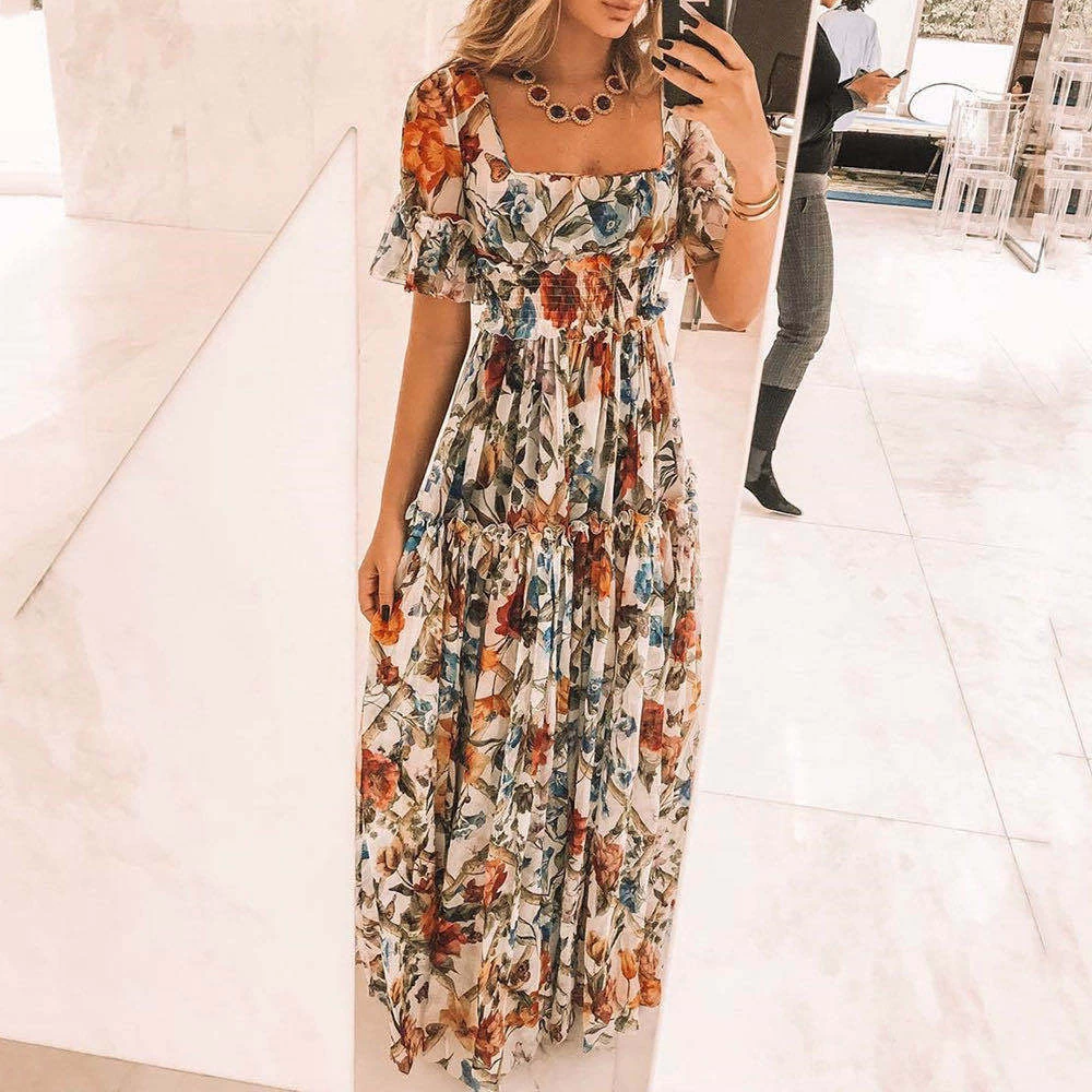 Sexy Short Sleeves Floral Print Off Shoulder  Wedding Guest Dresses