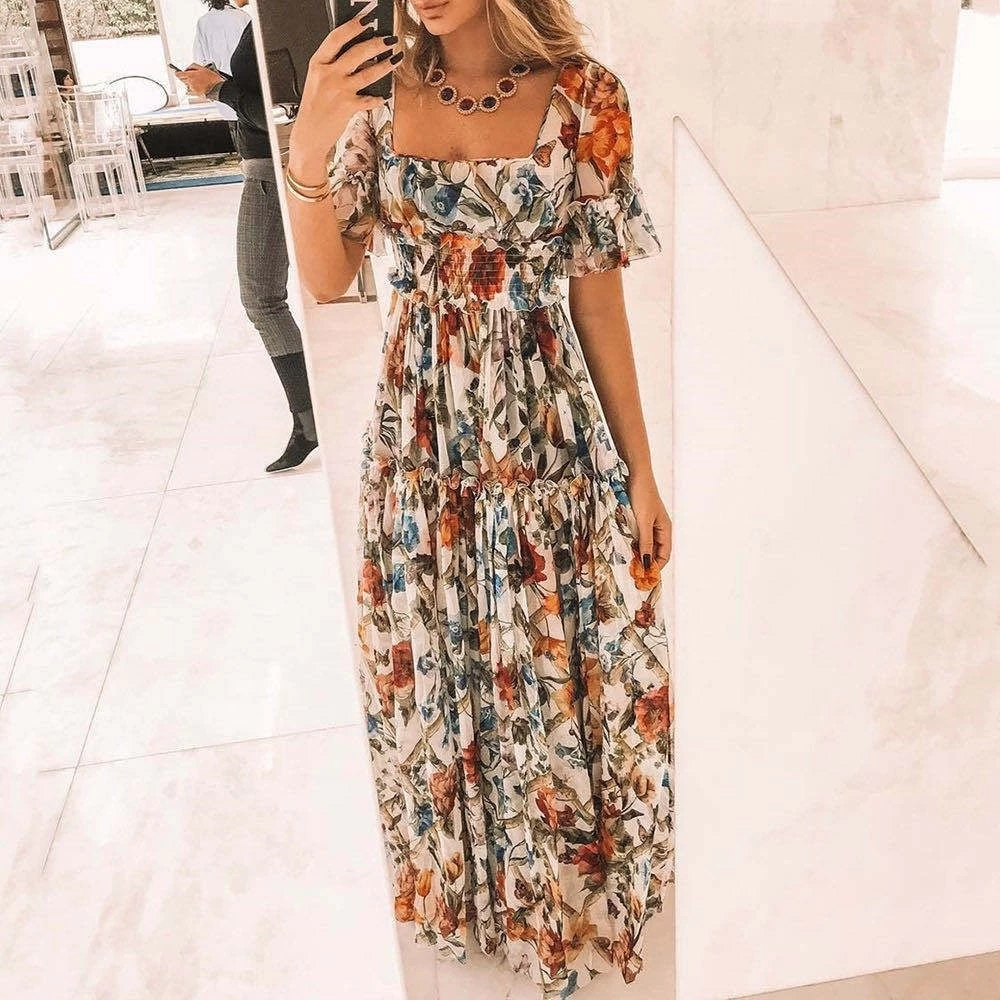 Sexy Short Sleeves Floral Print Off Shoulder  Wedding Guest Dresses