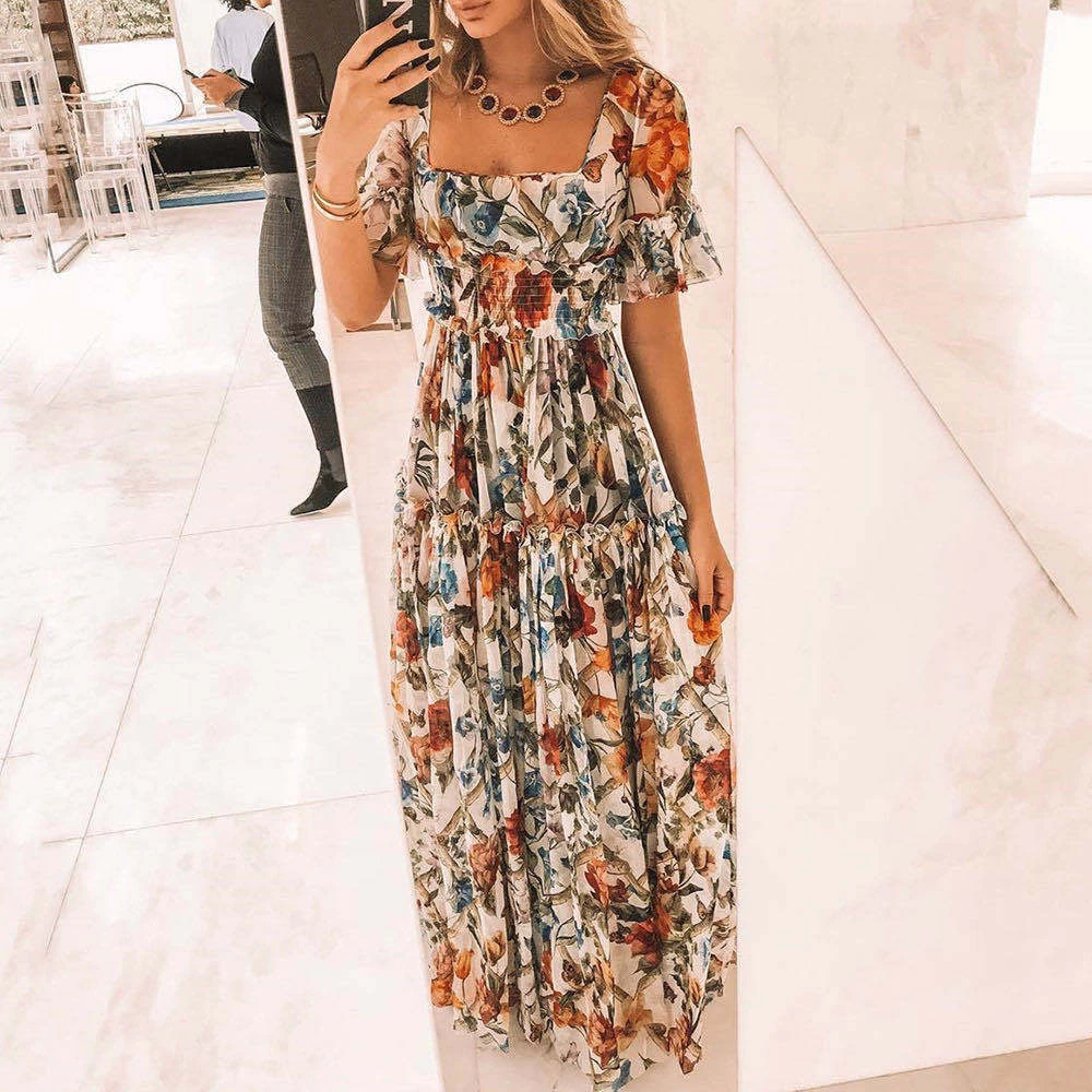 Sexy Short Sleeves Floral Print Off Shoulder  Wedding Guest Dresses