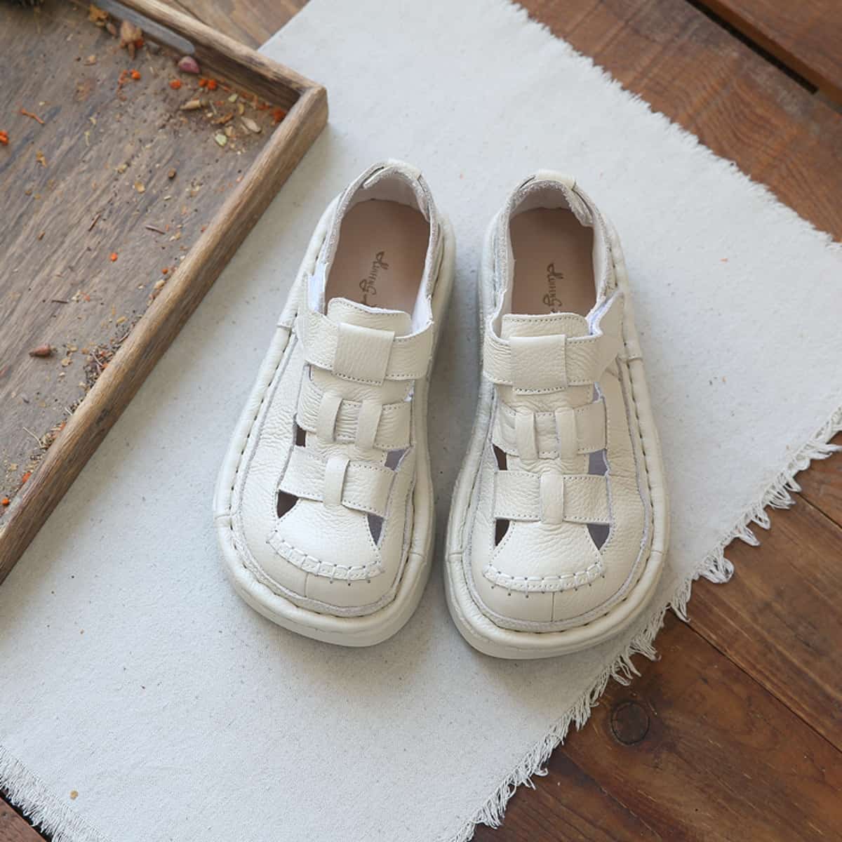 Leather Hollow Round Head Platform Big Head Shoes Summer Velcro Roman Sandals