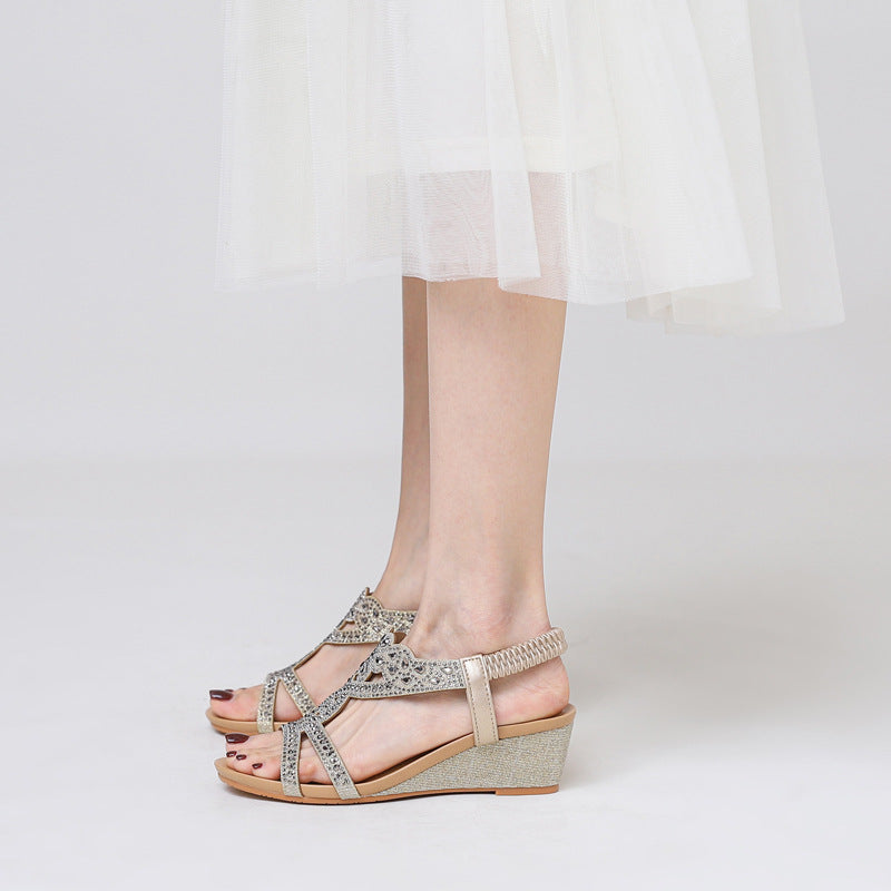 Wedge Fashion Sandals Bohemian Vintage Rhinestone Elastic Band Roman Shoes