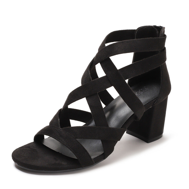 Fashion Sandals Chunky Heel Rhinestone Roman Temperament Heel Shoes