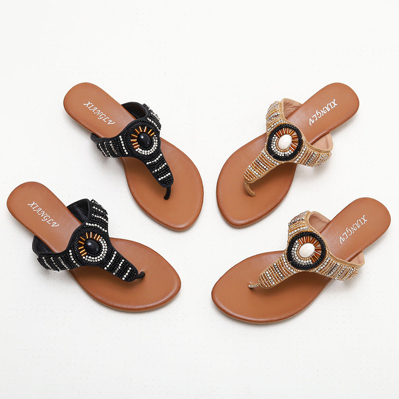 Flip-Flops Beach Shoes Slippers Summer Fashion Outdoor Wear Sea Holiday Side Ethnic Wedge Rhinestone Sandals