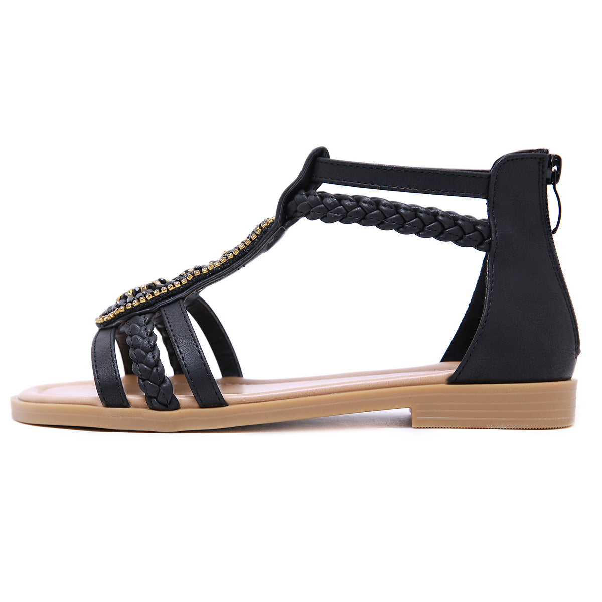 Women's Sandals Bohemia Vintage Beaded Zipper Rhinestone Roman Sandal | Flat Sandals