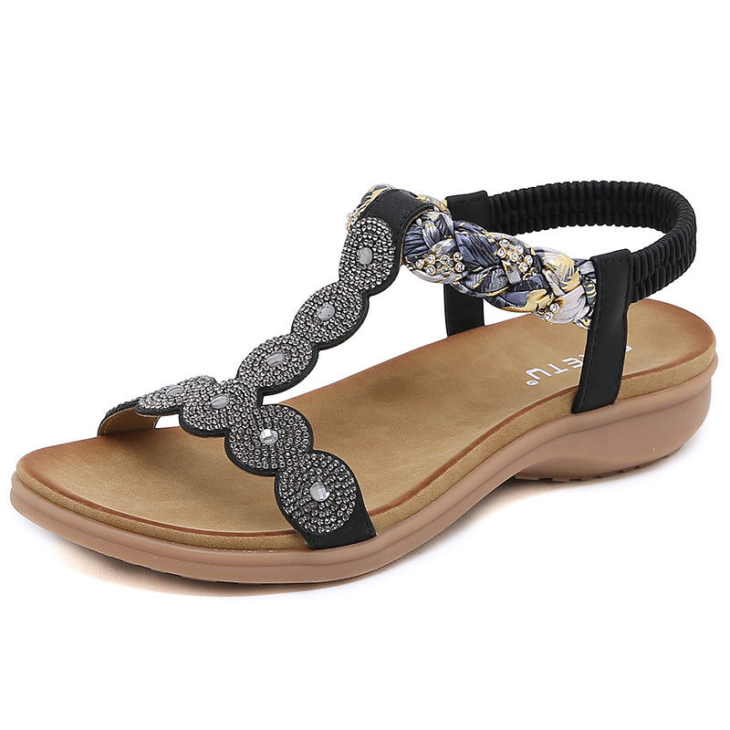 Sandals Bohemian Rhinestone Comfortable round Toe Seaside Holiday Large Size Shoes | Flat Sandals