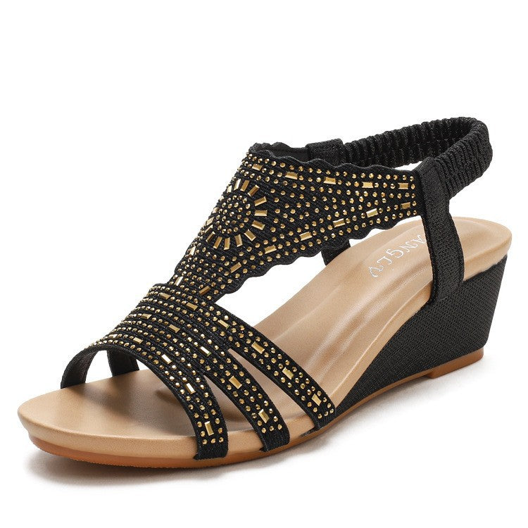 Bohemia Large Size Shoes Women's Shoes Summer Rhinestone Ladies' Shoes Wedge
