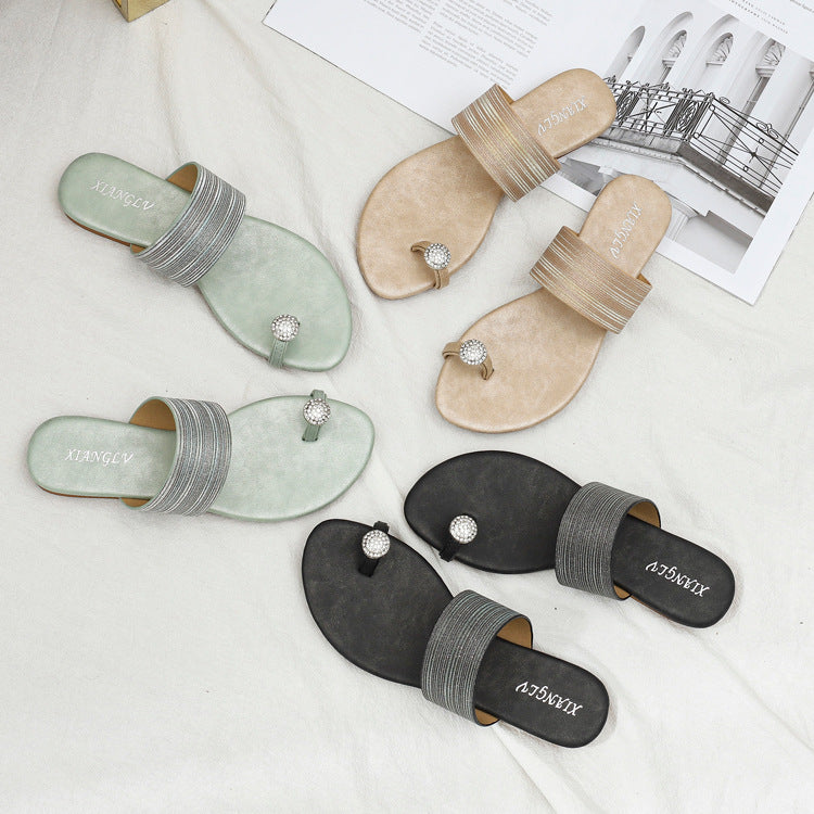 Flat Sandals Women's Comfortable Soft Bottom Rhinestone Slippers Outer Wear Fashion Lazybones Beach Slippers plus Size