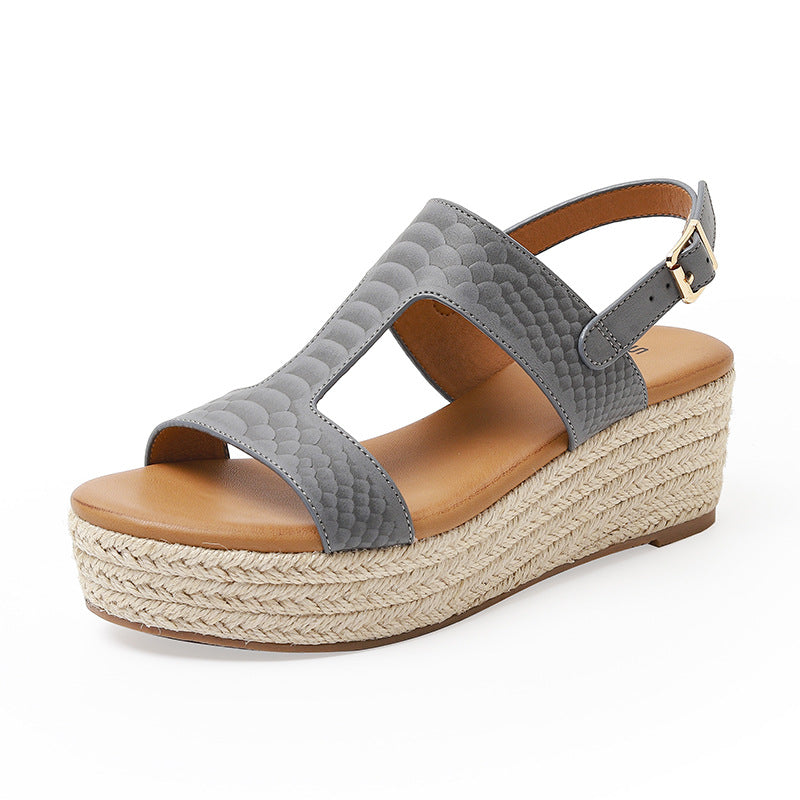 ALM3035-4 Retro Peep Toe Comfortable Straw Platform Wedge Sandals for Women