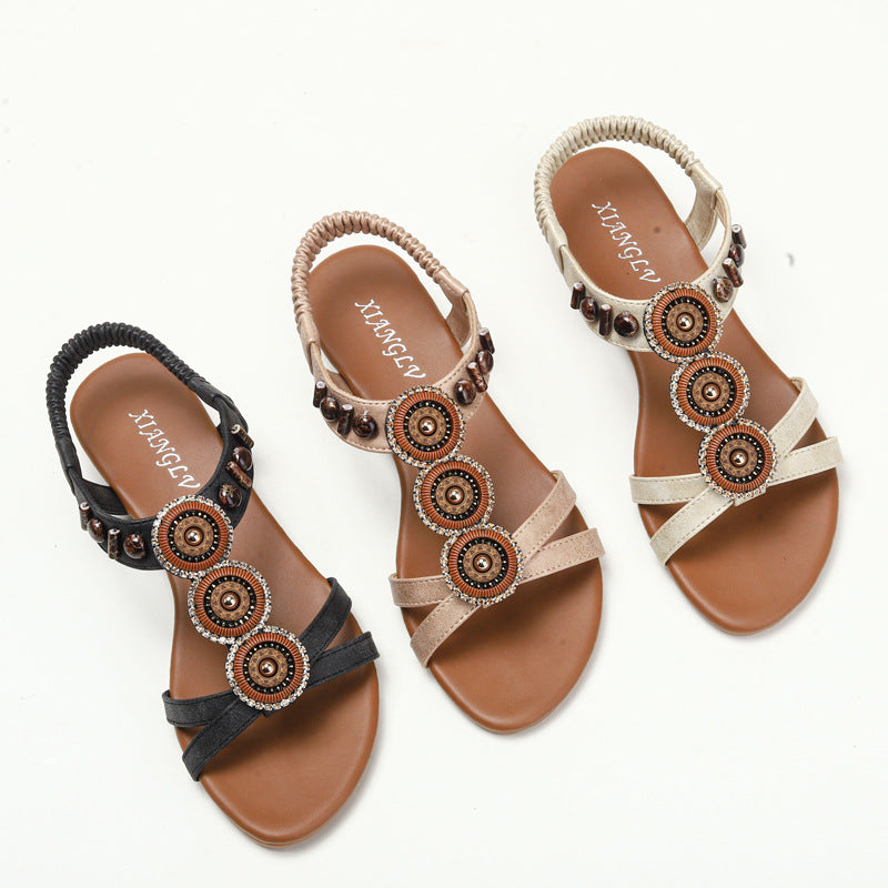 Ethnic Wedge Sandals Summer Bohemian Beaded Beach Shoes Non-Slip Roman Shoes