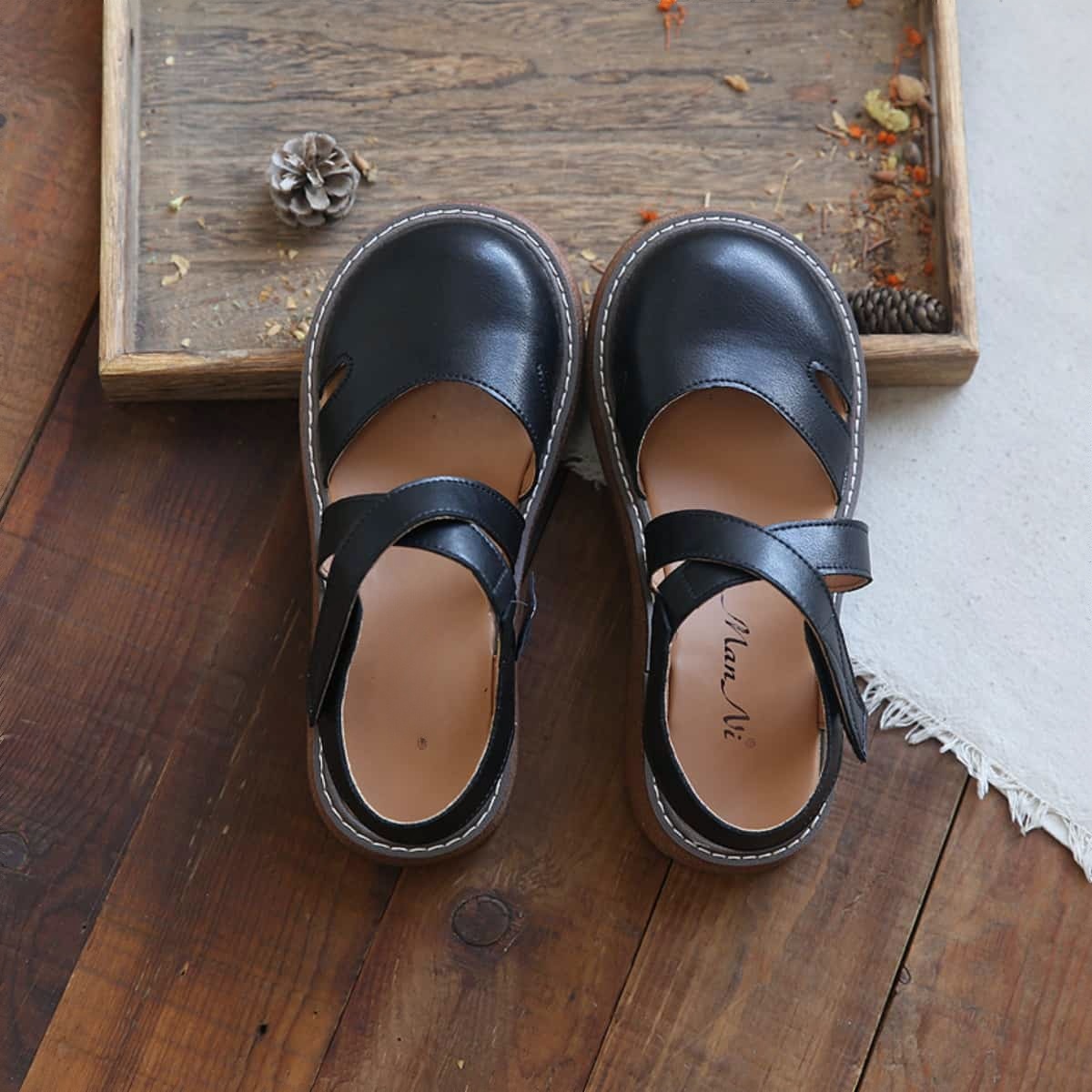Leather hollow bag head platform big head shoes summer cross strap middle heel Roman sandals