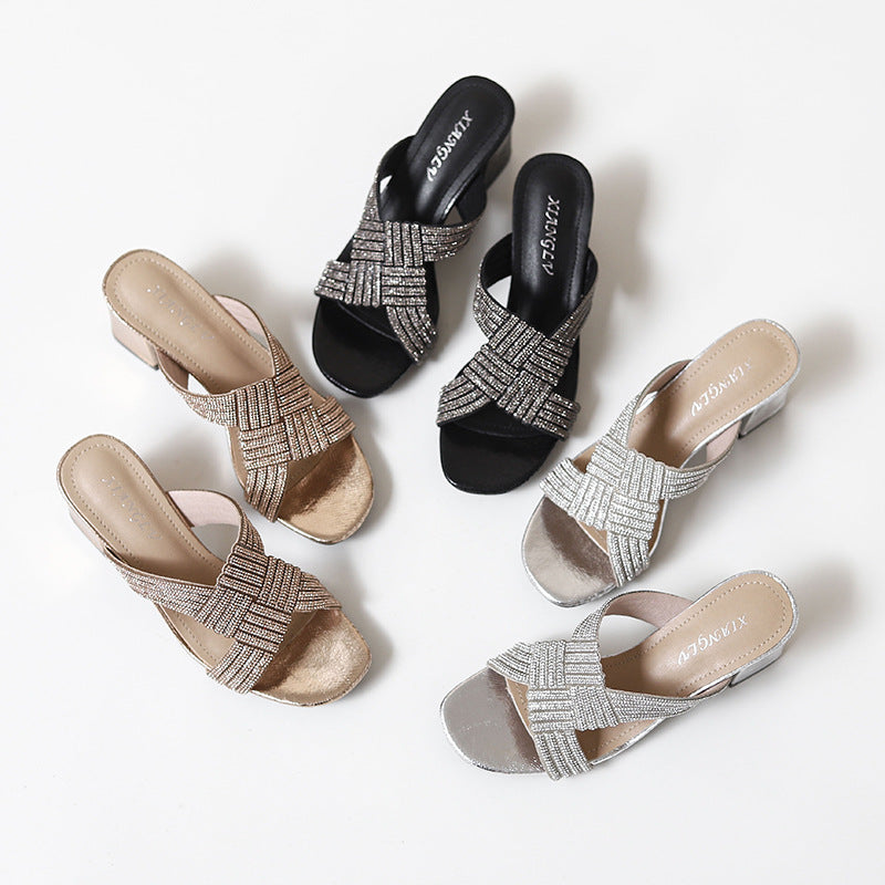 Heel Sandals Fashionable Chunky Heel Daily Rhinestone Fashion Roman Shoes Women