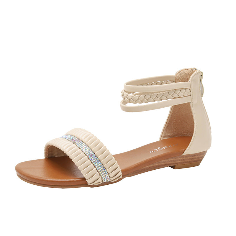 Women's Wedge Sandals round Toe Rhinestone Roman Sandals