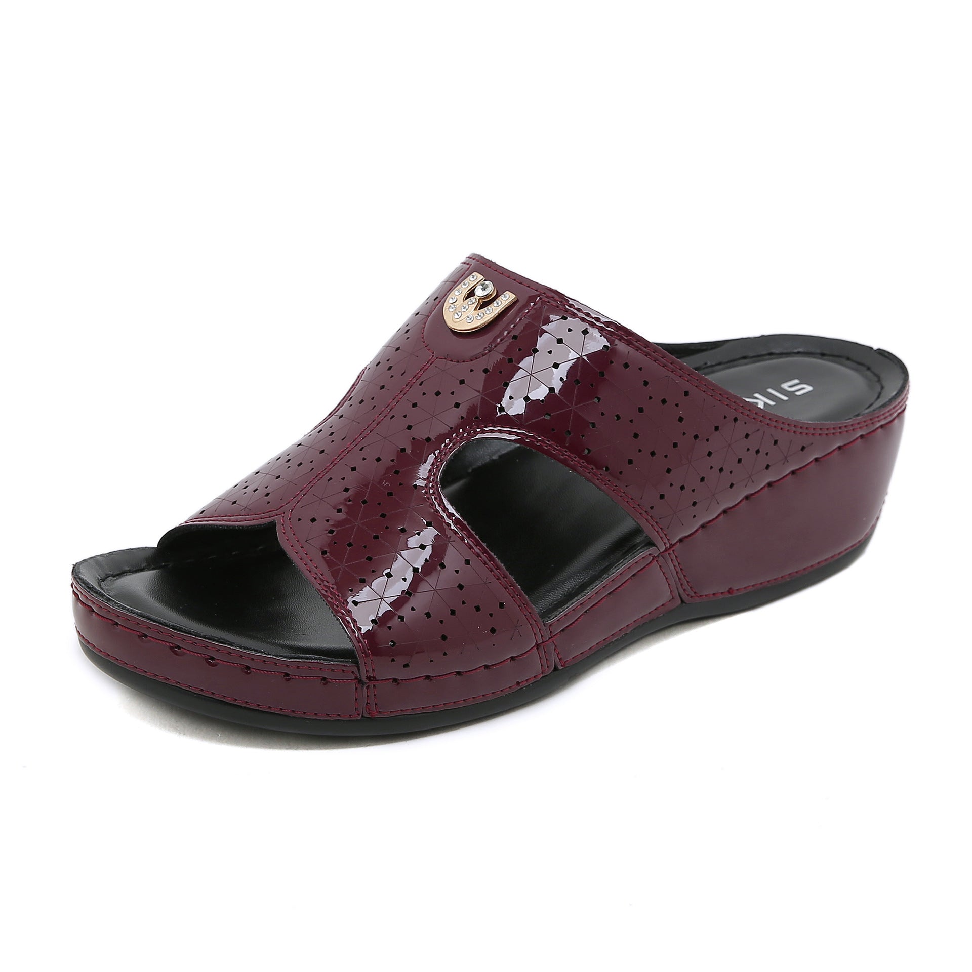 Non-Slip Bottom Women's Shoes Stitching Wedge Ethnic Flower Large Size Slippers Women