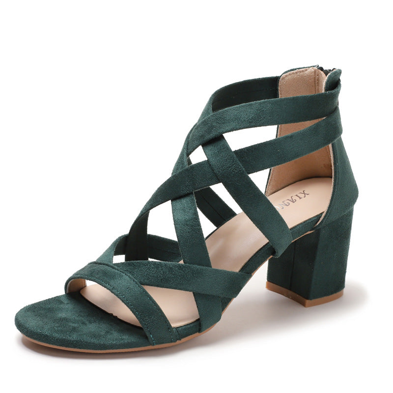Fashion Sandals Chunky Heel Rhinestone Roman Temperament Heel Shoes