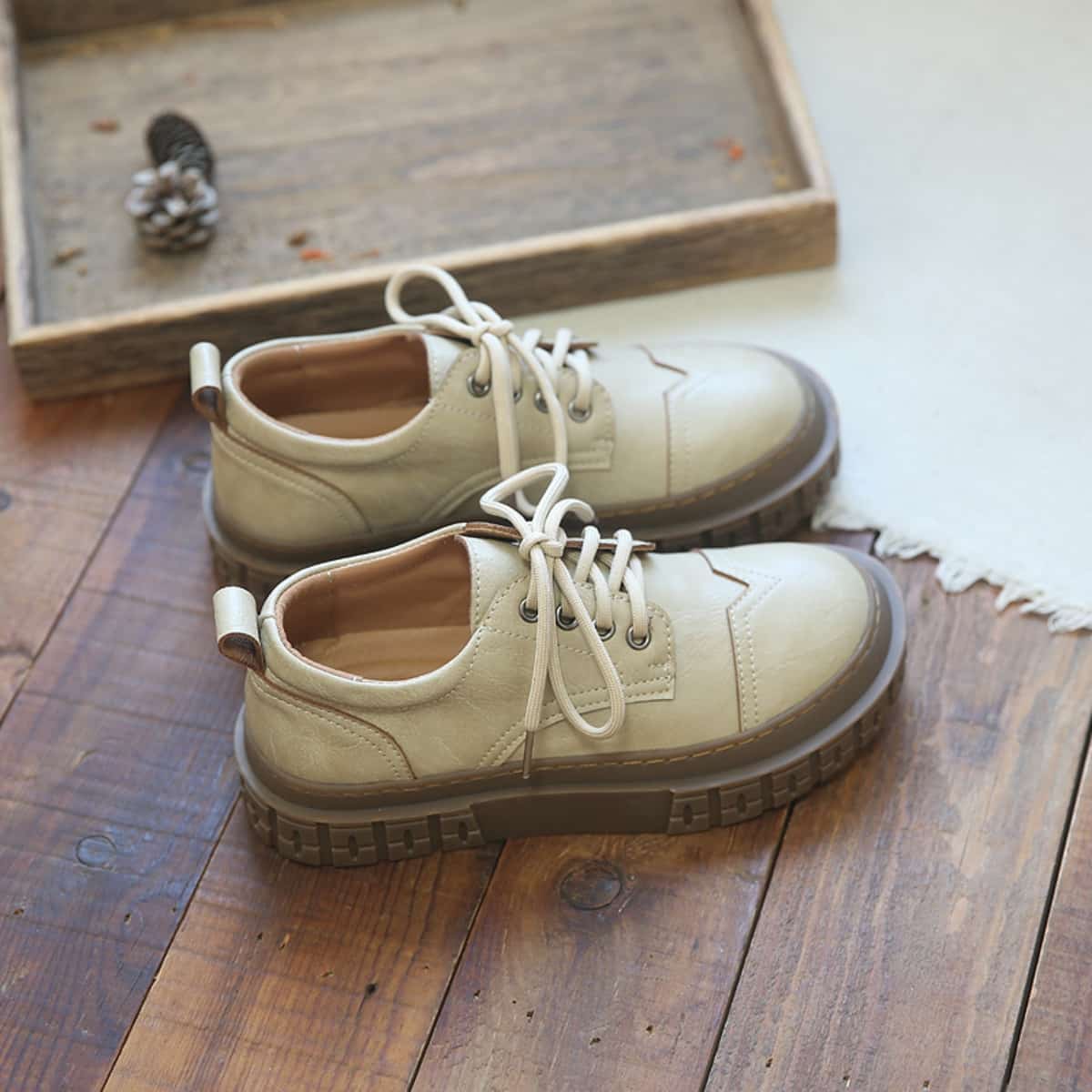 Round head lace-up platform big head shoes Spring student medium heel black shoes single shoes