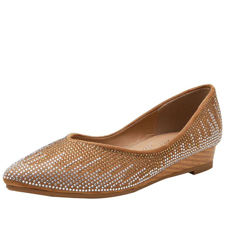 Wedge Shoes Spring and Autumn Low-Cut Rhinestone Inner Height Increase Gommino Non-Slip Mom Shoes