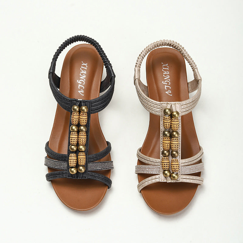Bohemian Ethnic Wedge Sandals Middle Heel Rhinestone Beaded Vacation Beach Shoes
