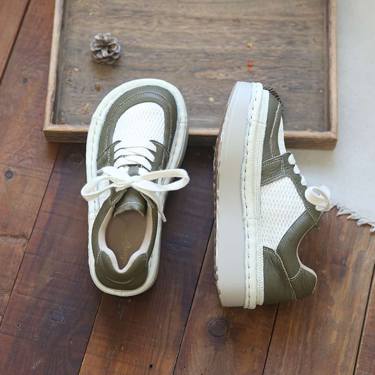 Leather mesh round head lace-up thick-soled big head shoes summer breathable muffin sole single shoes