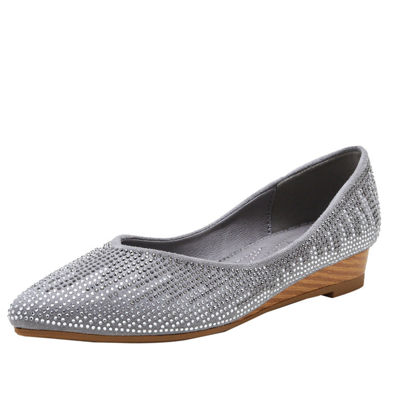Wedge Shoes Spring and Autumn Low-Cut Rhinestone Inner Height Increase Gommino Non-Slip Mom Shoes