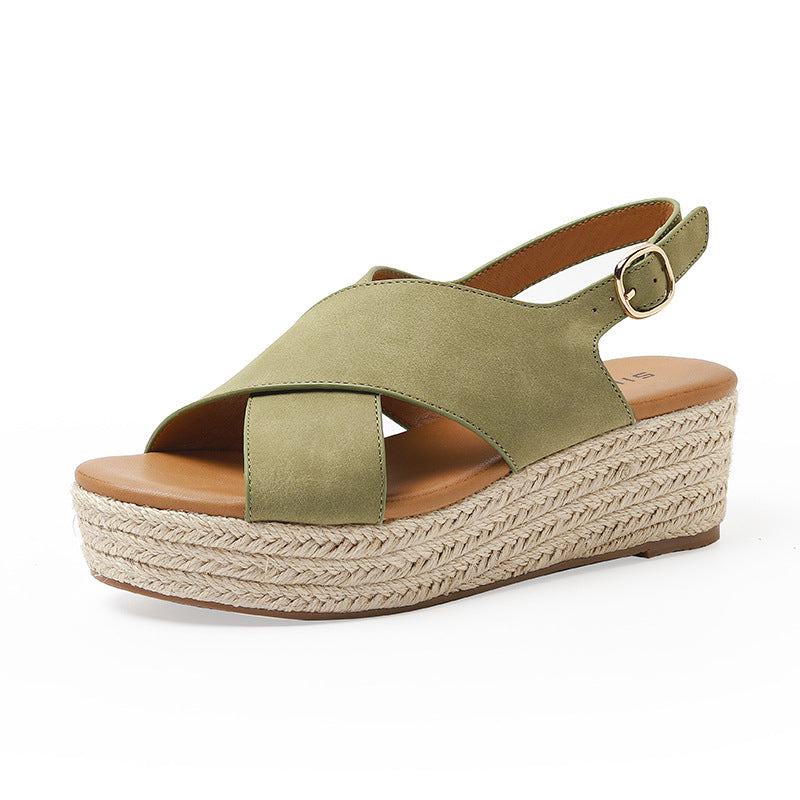 ALM3035-3 Cross-Strap Peep Toe Wedge Woven Hemp Rope Platform Comfortable Muffin Sandals for Women