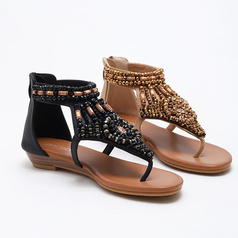 Vacation Flip-Flops Women's European and American Fashion Wedge Rhinestone Roman Sandals