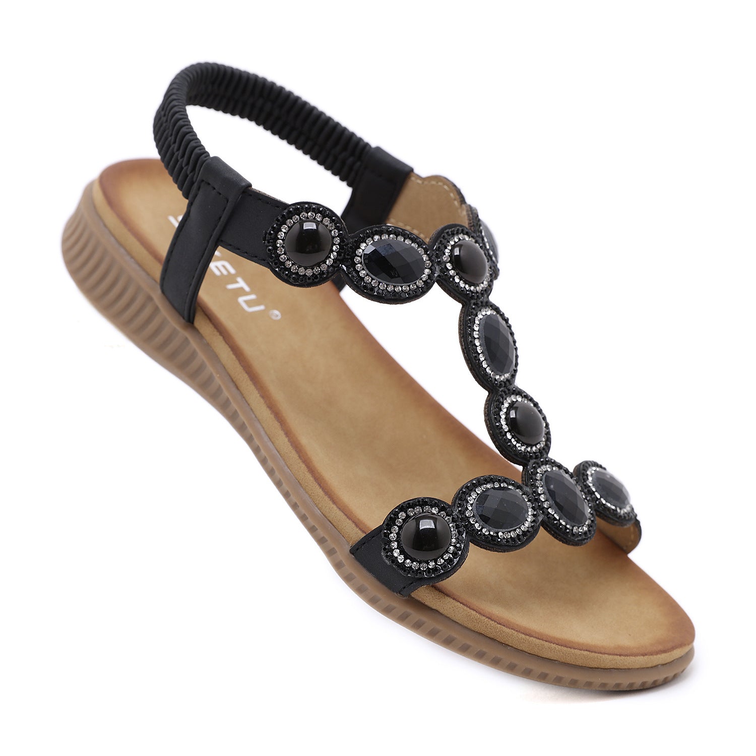 Sandals Bohemian Rhinestone Comfortable round Toe Seaside Holiday Large Size Shoes | Flat Sandals