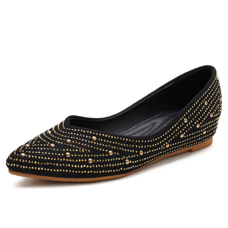 Pointed Toe Shallow Mouth Inner Height Increase Pumps Female Autumn Rhinestone Wedge Comfortable Peas Shoes