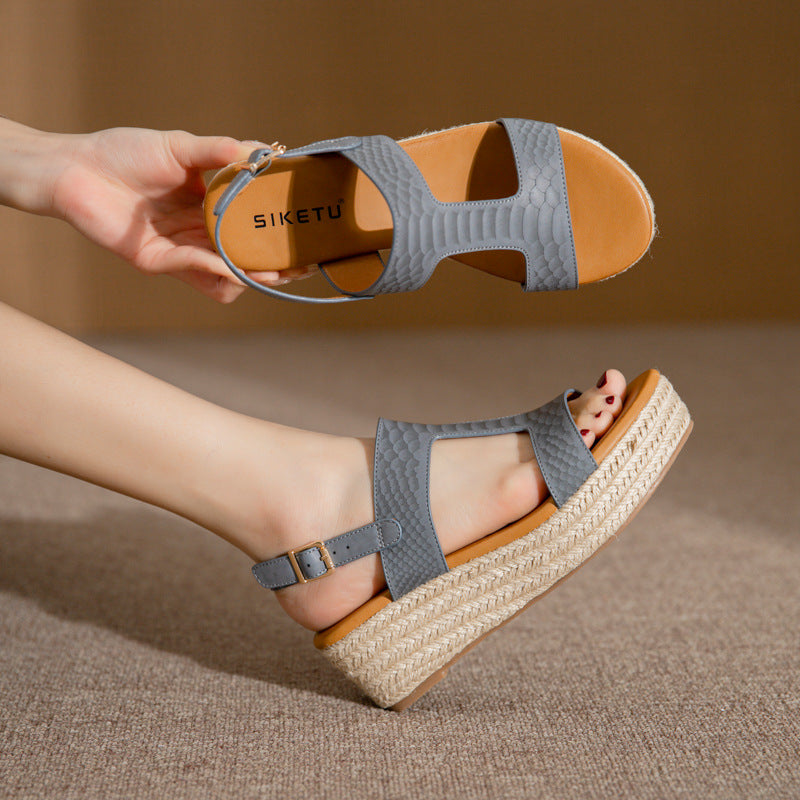ALM3035-4 Retro Peep Toe Comfortable Straw Platform Wedge Sandals for Women