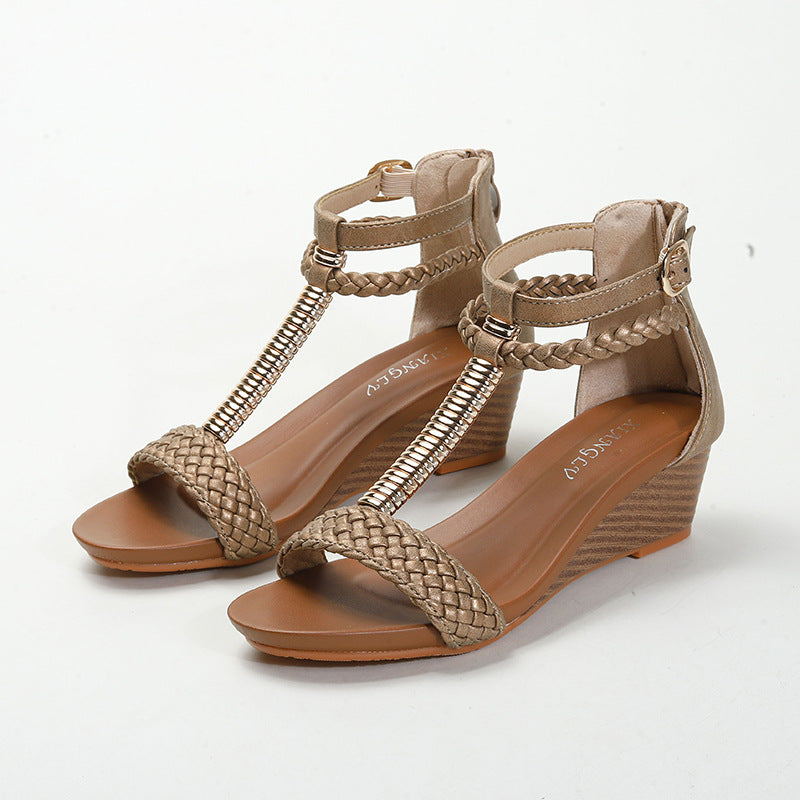 Wedge Sandals Women's Woven Mid Heel Back Zipper Roman Sandals