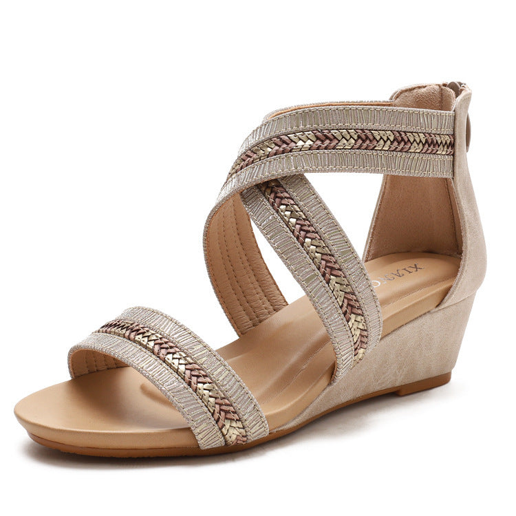 Women's Wedge Sandals Summer Non-Slip Ankle-Strap Open Toe Roman Shoes Back Zipper 39-42 plus Size