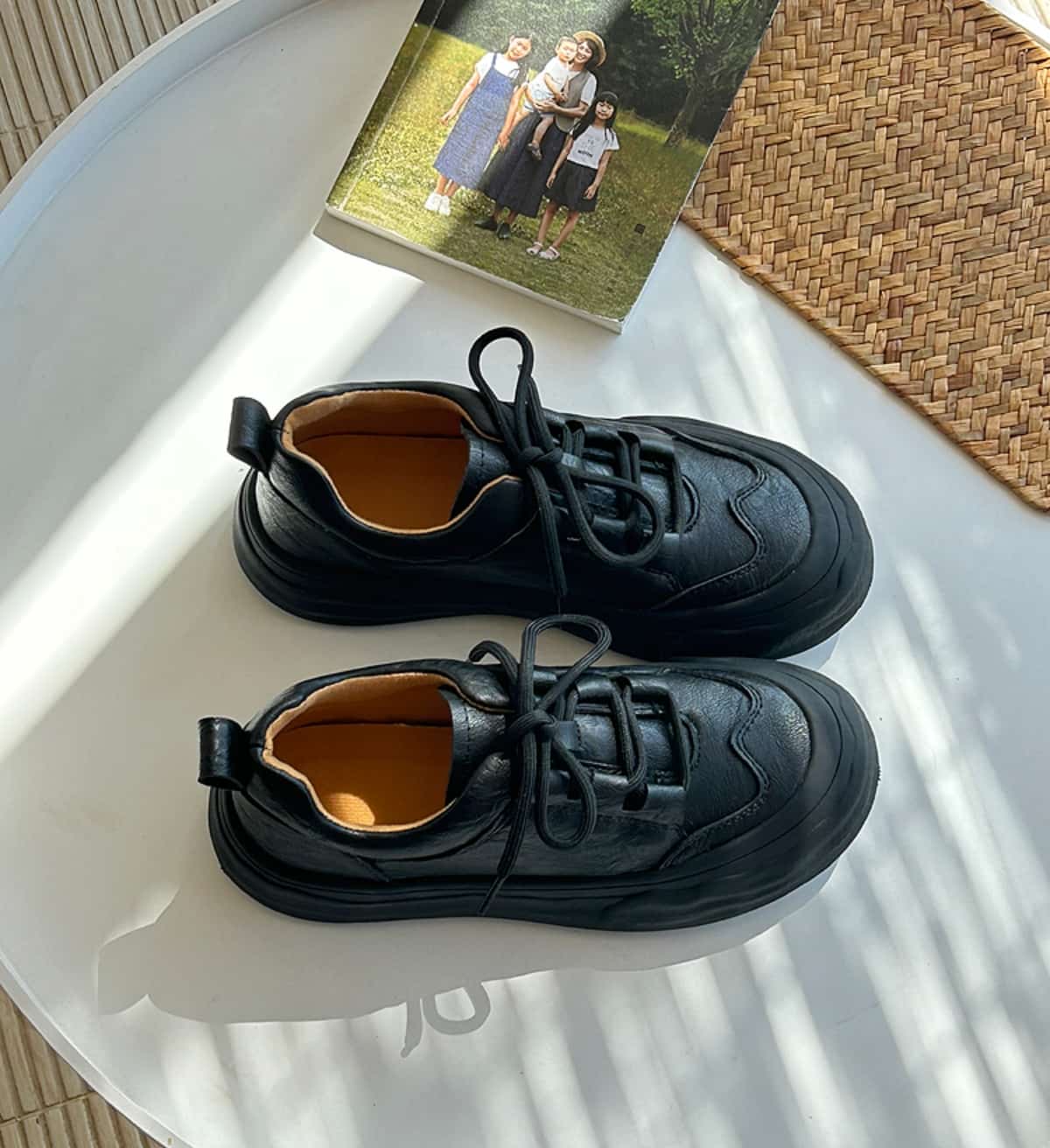 Round head lace-up thick-soled small leather shoes medium heel soft sole trendy cool shoes single shoes women