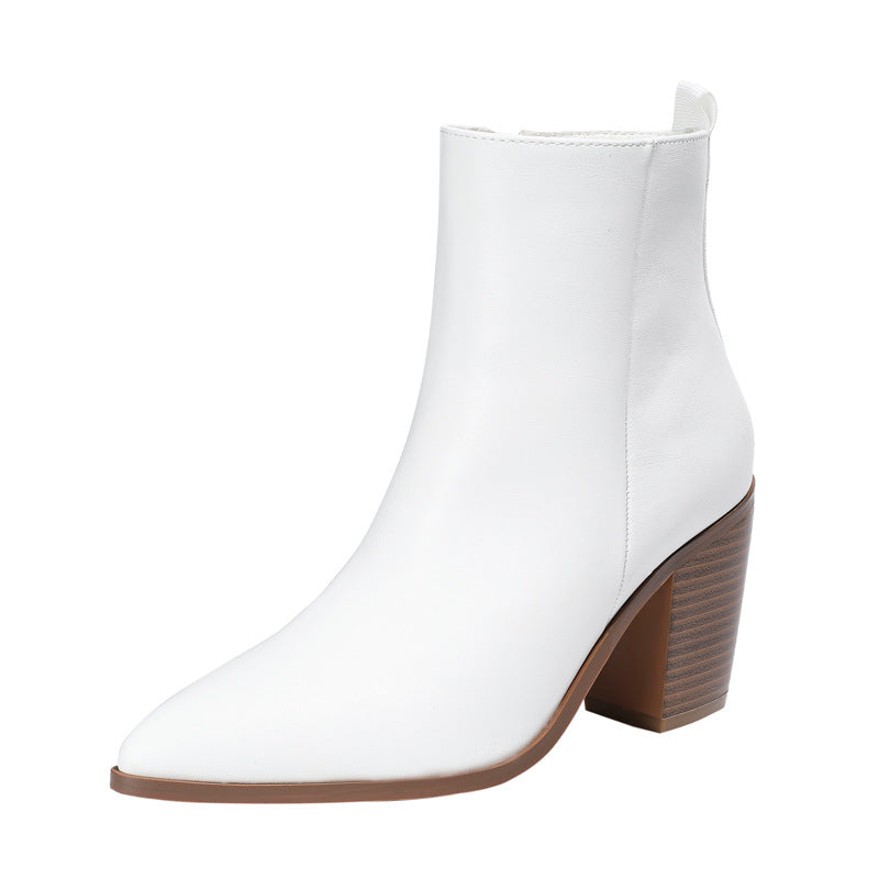 Pointed Toe Chunky Heel Martin Boots Women's Autumn and Winter Heel Side Zipper White Women's Boots