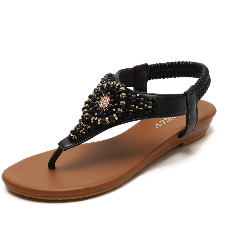 Sandals Women's Wedge Flip-Toe Rhinestone Simple Seaside Vacation Roman Shoes