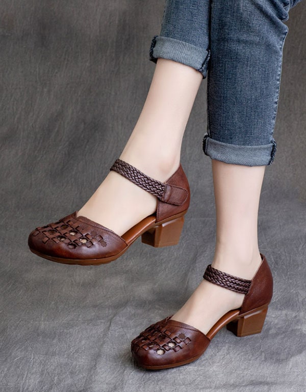 Spring Retro Leather Handmade Woven Chunky Sandals