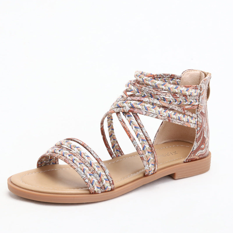 Women's Sandals Flat Roman Cross Strap Bohemian Beach Shoes Women's Seaside Vacation
