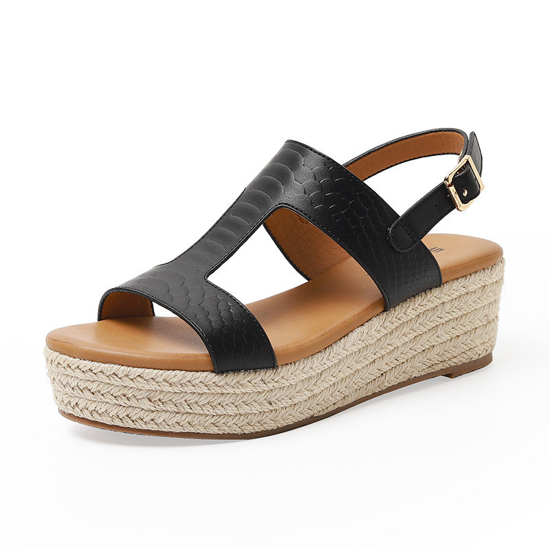 ALM3035-4 Retro Peep Toe Comfortable Straw Platform Wedge Sandals for Women