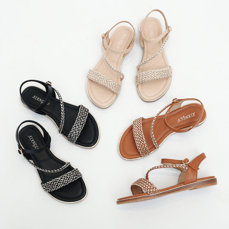 Flat Sandals Women's Comfortable Flat Fashion Sandals Woven Strap Roman Shoes Sandals