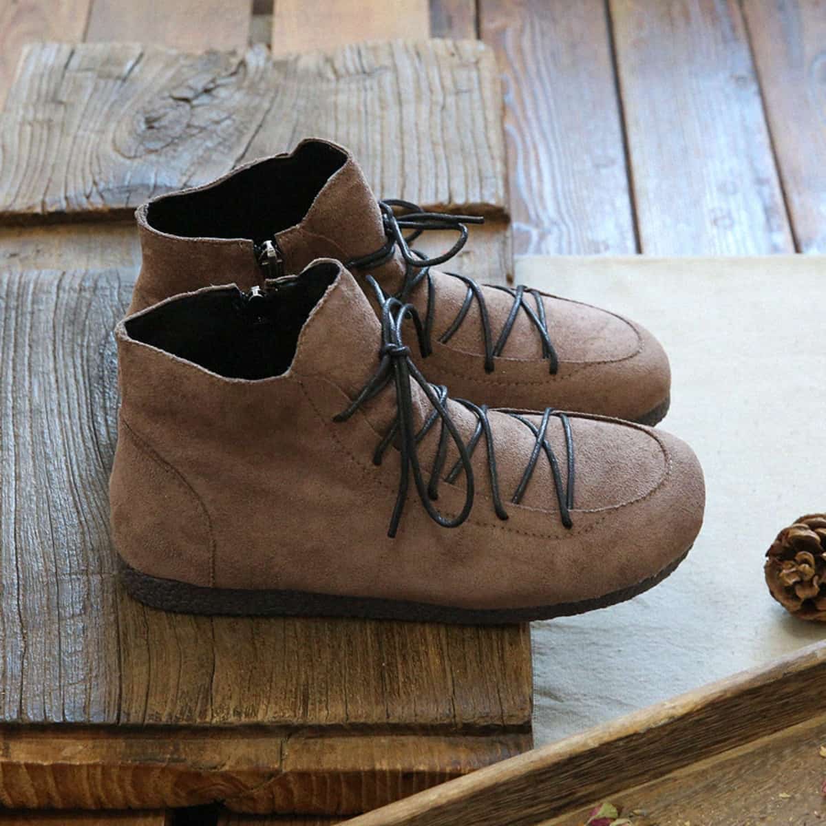 Suede round head strap flat bottom women's boots comfortable soft sole short boots side zipper bare boots women